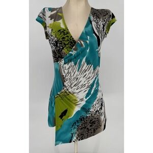 Joseph Ribkoff Y2K Abstract Top Women's Size 4 Asymmetrical Hem Short Sleeve‎